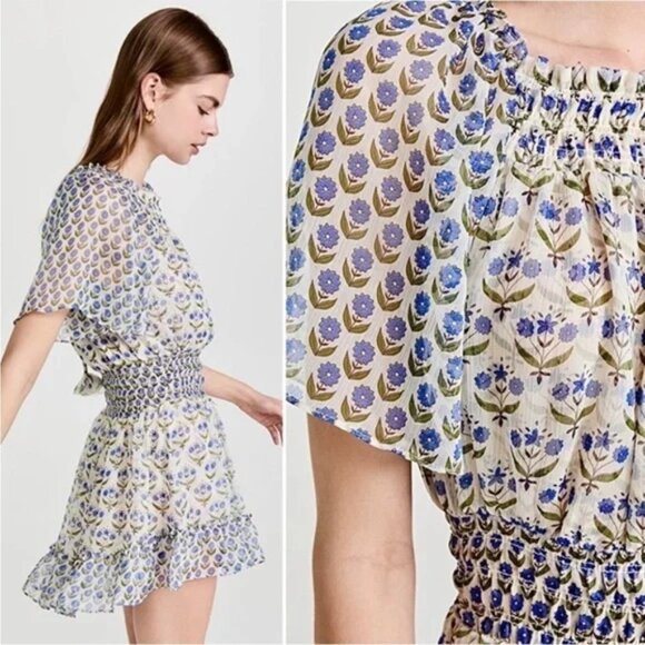 Misa LA Off the Shoulder Dress Severine Mini Chiffon in Pura Vida Blue Floral - Picture 5 of 12